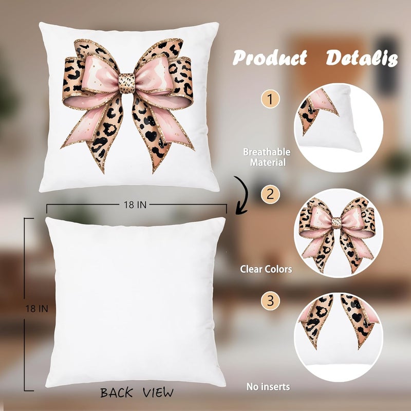 Nipil Trendy Coquette Leopard Bow Pillow Covers 18x18 Set of 2, Coquette Room Decor, Cheetah Print Room Decor, Leopard Print Decorative Throw Pillow Covers Pillowcases for Girly Bedroom Dorm Apartment - Image 2